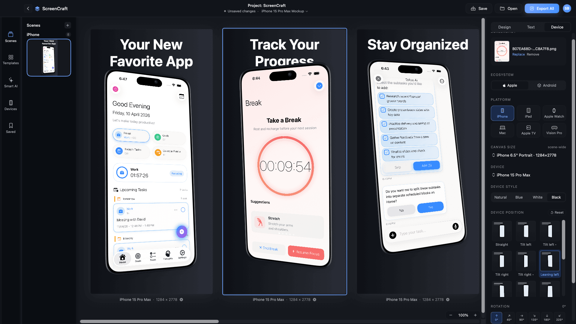 ScreenCraft canvas with three iPhone screenshots being designed